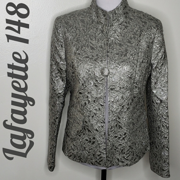Lafayette 148 Silver Shimmer Mandarin Jacket Wool Luxury Asian Office Spring - Picture 12 of 15